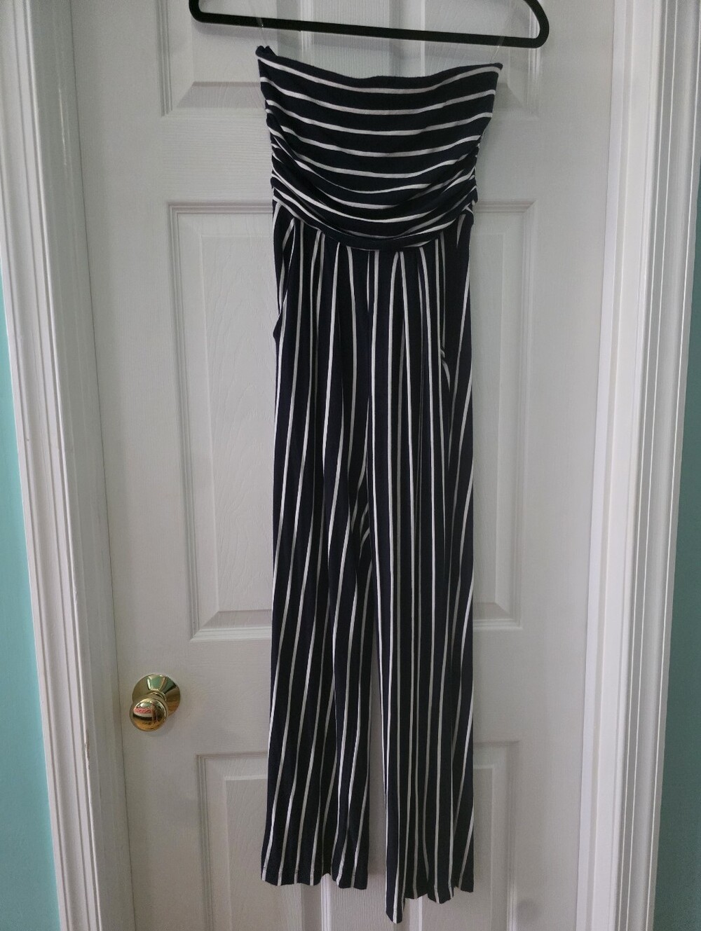 Striped Blue & White Strapless Jumpsuit With Pockets